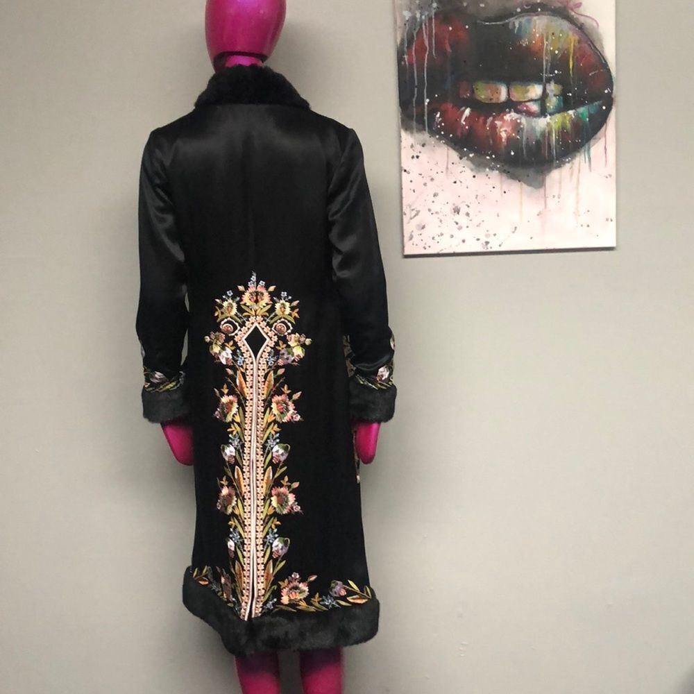 Faux fur embroidered trench coat